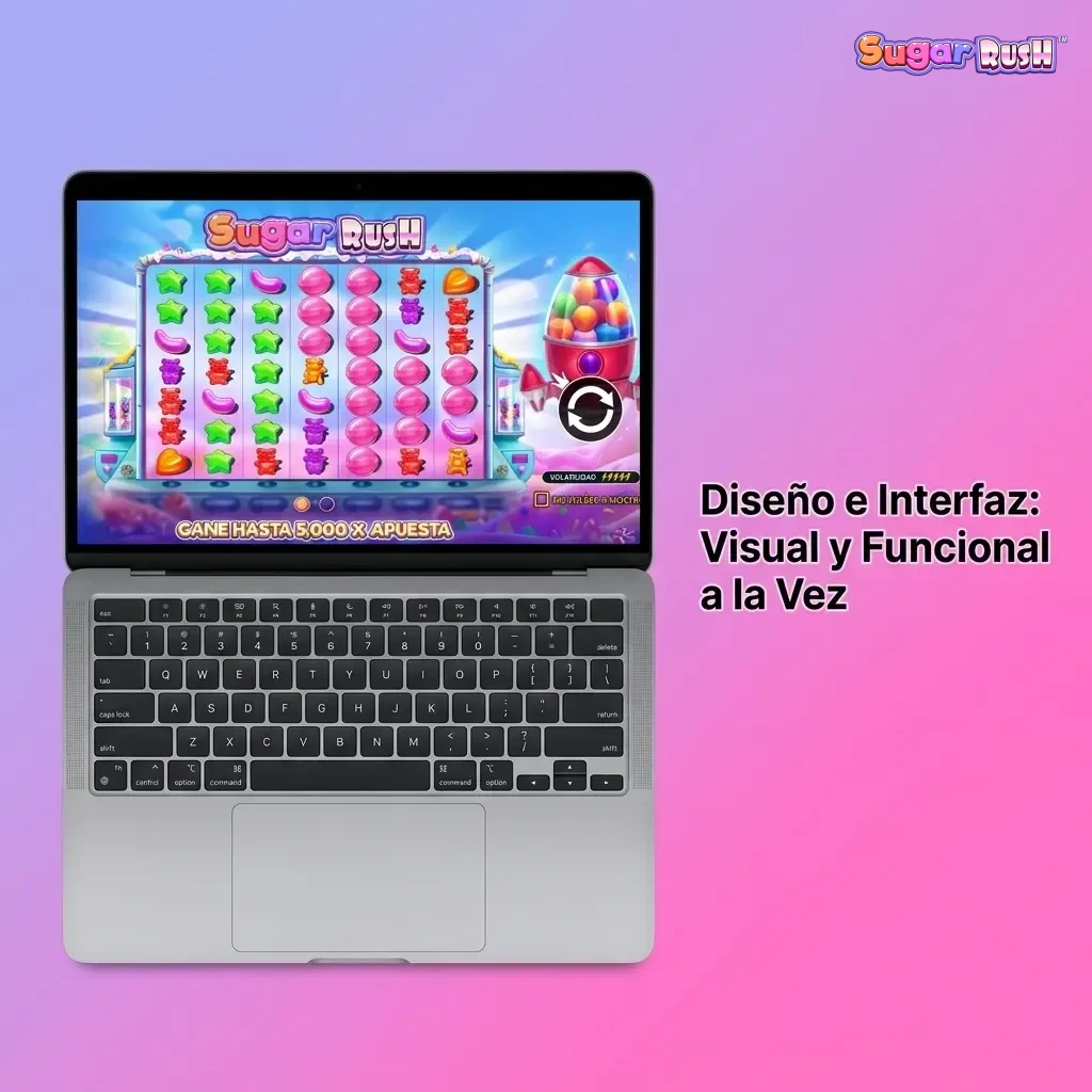 Interfaz de Sugar Rush online con cuadrícula 7x7, controles de apuesta, giro automático y panel de multiplicadores visibles.