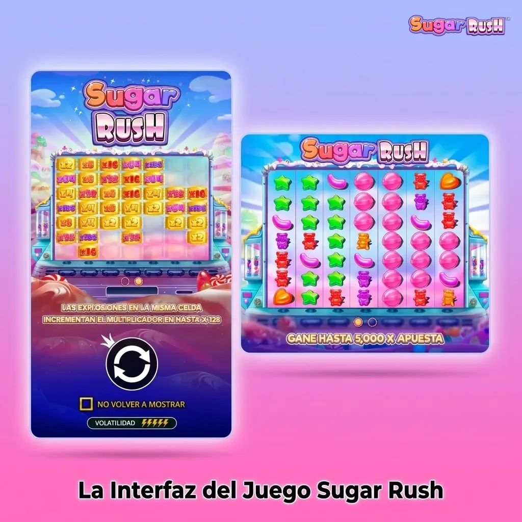 Interfaz del juego Sugar Rush con cuadrícula 7x7, fondo de dulces coloridos y controles de apuesta en la parte inferior