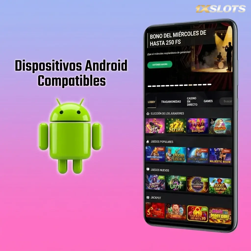 Dispositivos Android compatibles con 1xSlots: Samsung, Motorola, Xiaomi, OPPO y Google Pixel de 2020 a 2024.