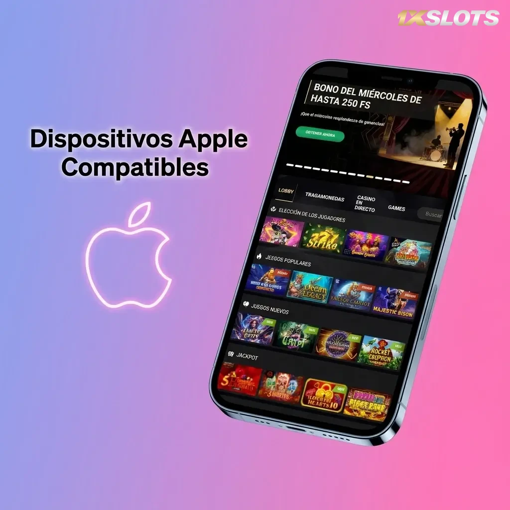 Dispositivos Apple compatibles con app 1xSlots: iPhone SE, 11, 12, 13, 14, 15 Pro, iPad Air y iPad Pro con iOS 12+