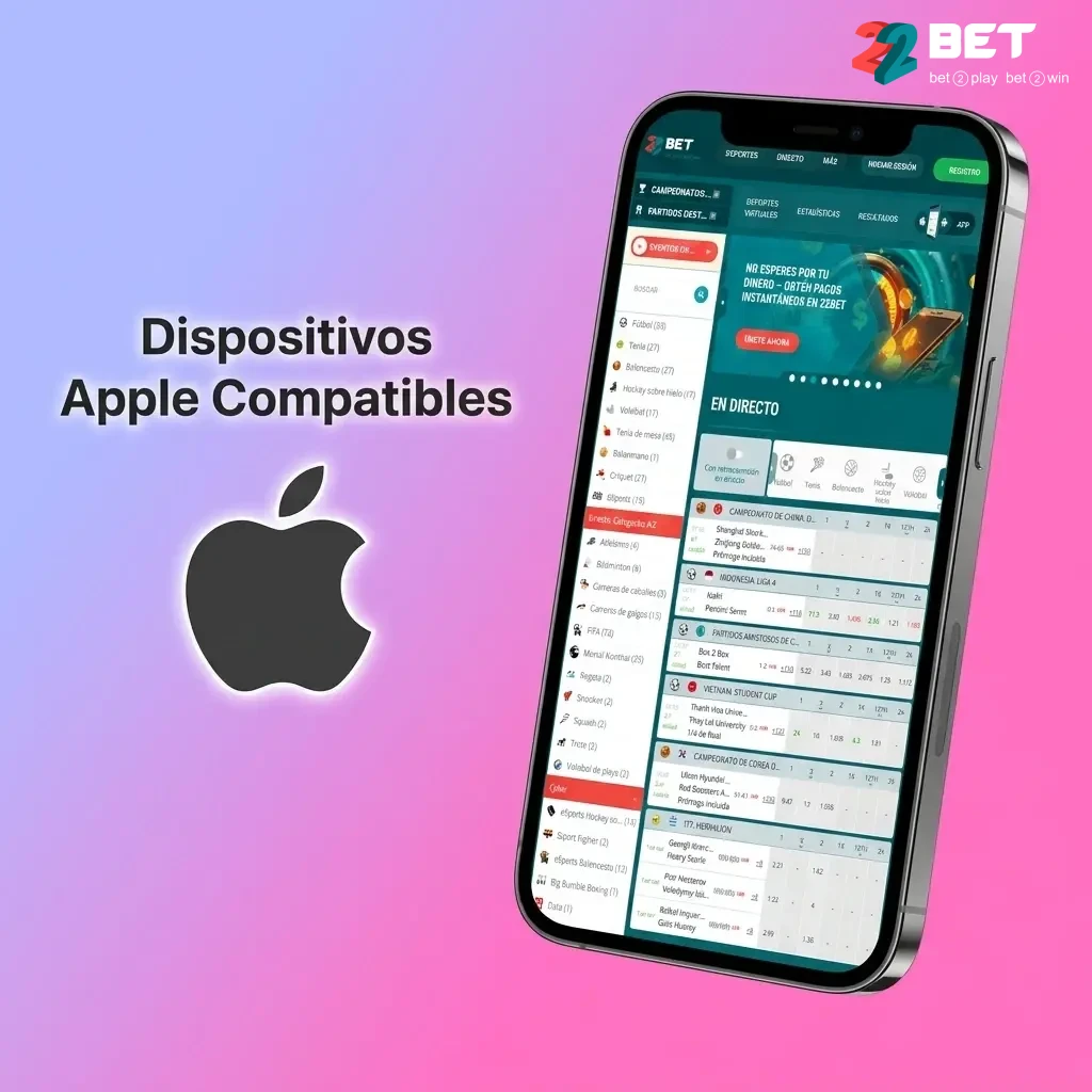 Dispositivos Apple compatibles con la PWA de 22bet: iPhone SE, 11, 12 Mini, 13, 14 Pro, 15 y modelos iPad con iOS 12+