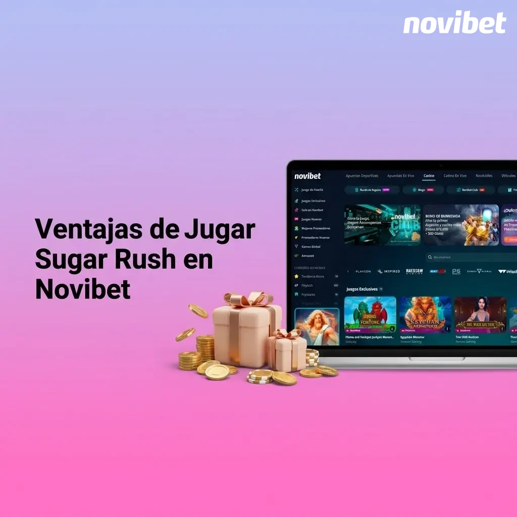 Ventajas de jugar Sugar Rush en Novibet: RTP 96.50%, demo gratis, soporte 24/7 y bono hasta $10,000 MXN.